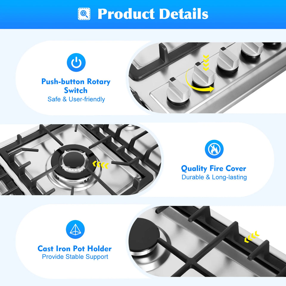 Built-in Gas Cooktop with 5 Burners Electronic Pulse Ignition Built-in Stainless Steel Gas Hob for Kitchen