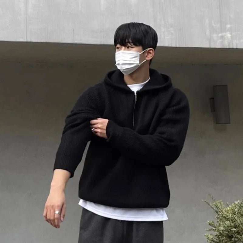 Men's Hooded Sweatshirt Knitting Solid with Zipper Male Hoodie Clothing Deals Cotton 90s Vintage Luxury Y2k Emo Tops Simple Warm