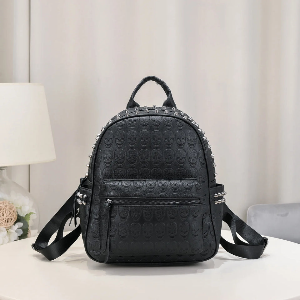 Jierotyx Goth Skull Embossed Backpack for Women Halloween Studded Decor Daypack Punk Style PU Leather Bag Fashion Rivet Travel
