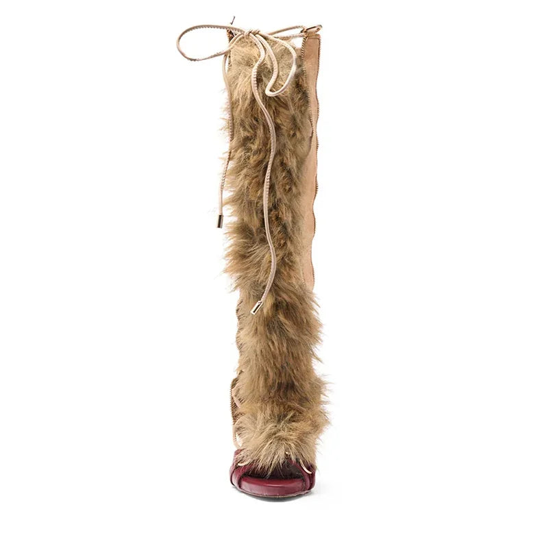 Fur Peep Toe Cross Tied Platform Sandal Boots Sexy Round Toe Thin Heel Zippeer New Arrivals Fashion Women Modern Boors