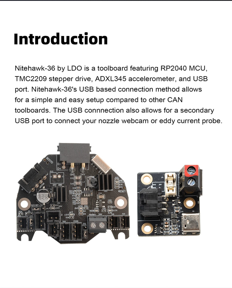BLV® New Nitehawk LDO toolboard featuring RP2040 MCU TMC2209 drive ADXL345 accelerometer and USB port Voron StealthBurner