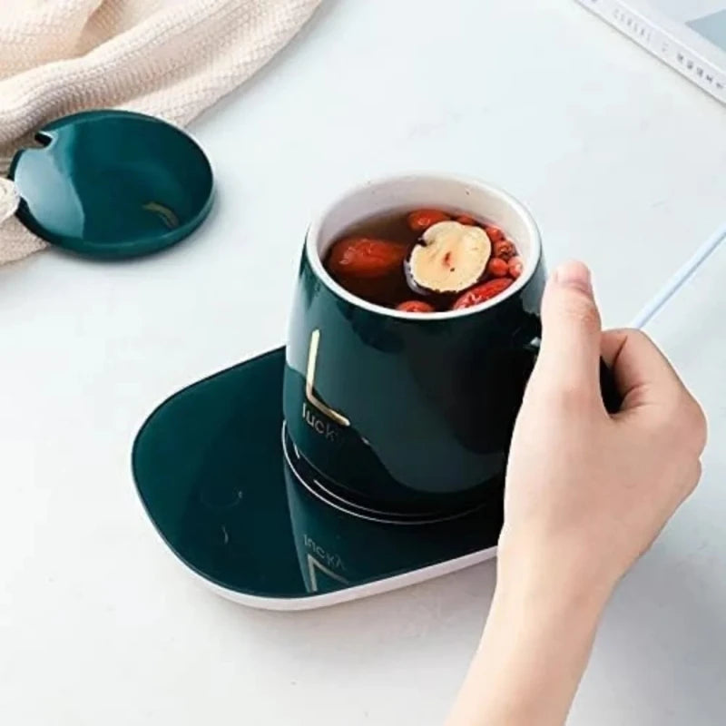 A1 55℃ Smart Heated Coffee Mug Set with Warmer Pad, Auto Keep Warm, Cute Design, Perfect Gift for Office Workers, All-Season Use