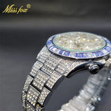 MISSFOX Men Watches 2021 Luxury Large Case With Baguette Full Diamond Quartz Wristwatch Chronograph Calendar Watch Droshipping