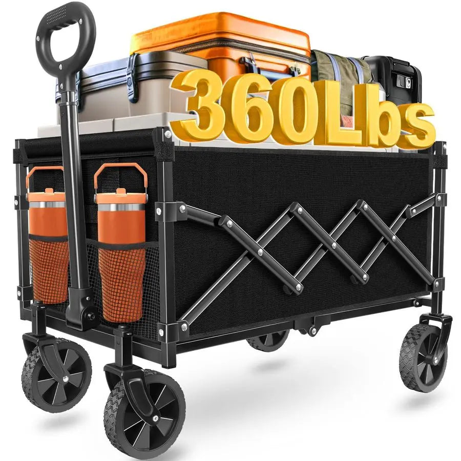 Carts Foldable, Collapsible Wagon Cart with Wheels Beach Wagon Cart with Wheels for Sand Sports Camping Grocery, Black