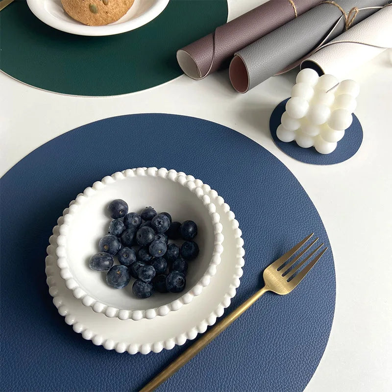 1/6/10 Sets Round PU Leather Placemats & Coaster Set Oil-Proof Waterproof Insulation Mat for Kitchen Coffee Shop Christmas Decor