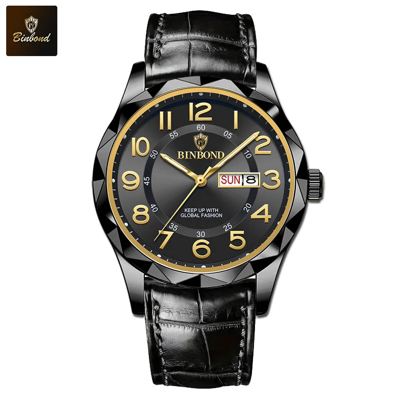 BINBOND New Fashion Mens Casual Sports Watches For Men Retro Big Dial Quartz Watches Classic Leather Business Men Watches B5663