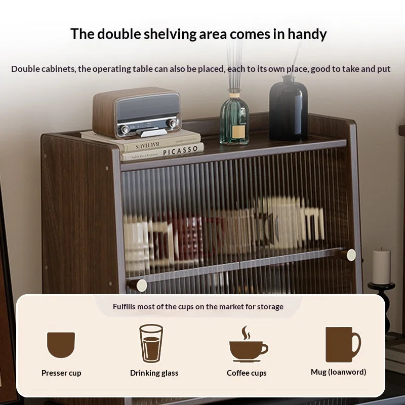 Walnut Wood Living Room Cabinet Storage Dresser Drawer Display Cabinet TV Stand Sideboard Organizer Cup Rack Included Cabinet