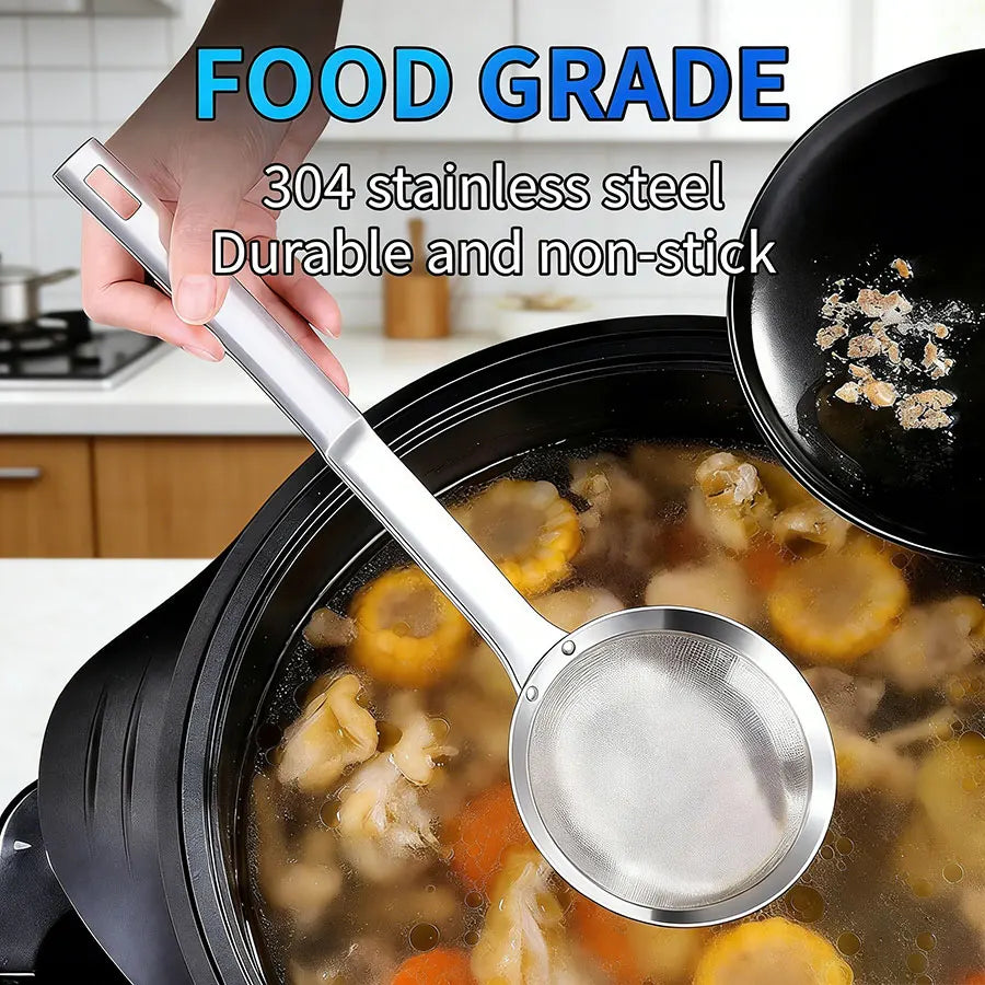 Multi-Functional Hot Pot Fat Skimmer Spoon, Stainless Steel Fine Mesh Strainer for Grease, Foam & Food Residue Removal