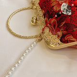 Chinese Style Embroidered Snap-button Shoulder Bags Cheongsam Traditional Exquisite Women's Handbag Red Bridal Pearl Wedding Bag