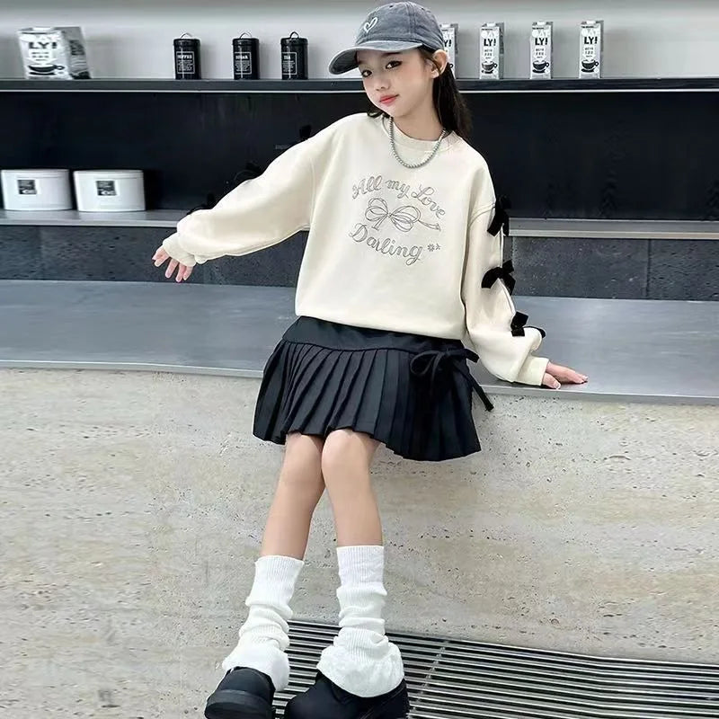 Girls' 2025 New Spring/Autumn Long Sleeve Bowknot Loose Fit Stylish Korean Style Mid-Big Kids Sweatshirt