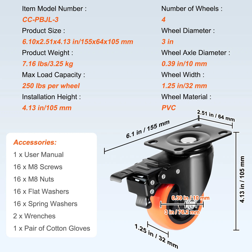 SucceBuy 2/3/4/5/6-inch Swivel Plate Casters Set of 4 with Security Dual Locking PVC Caster Wheels for Cart Furniture Workbench