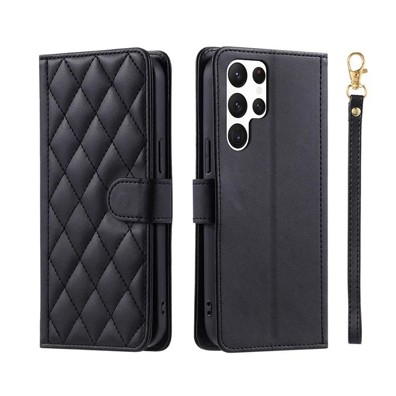 Crossbody Checkered Leather Wallet Case For Samsung Galaxy S24 Ultra S23 Plus S22 S21 FE A55 A25 A35 A15 Lanyard Flip Bag Cover