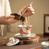 Tea set handmade silver three talents horseshoe covered bowl, Chinese dragon fish respect tea bowl, tea making bowl, tea cup for