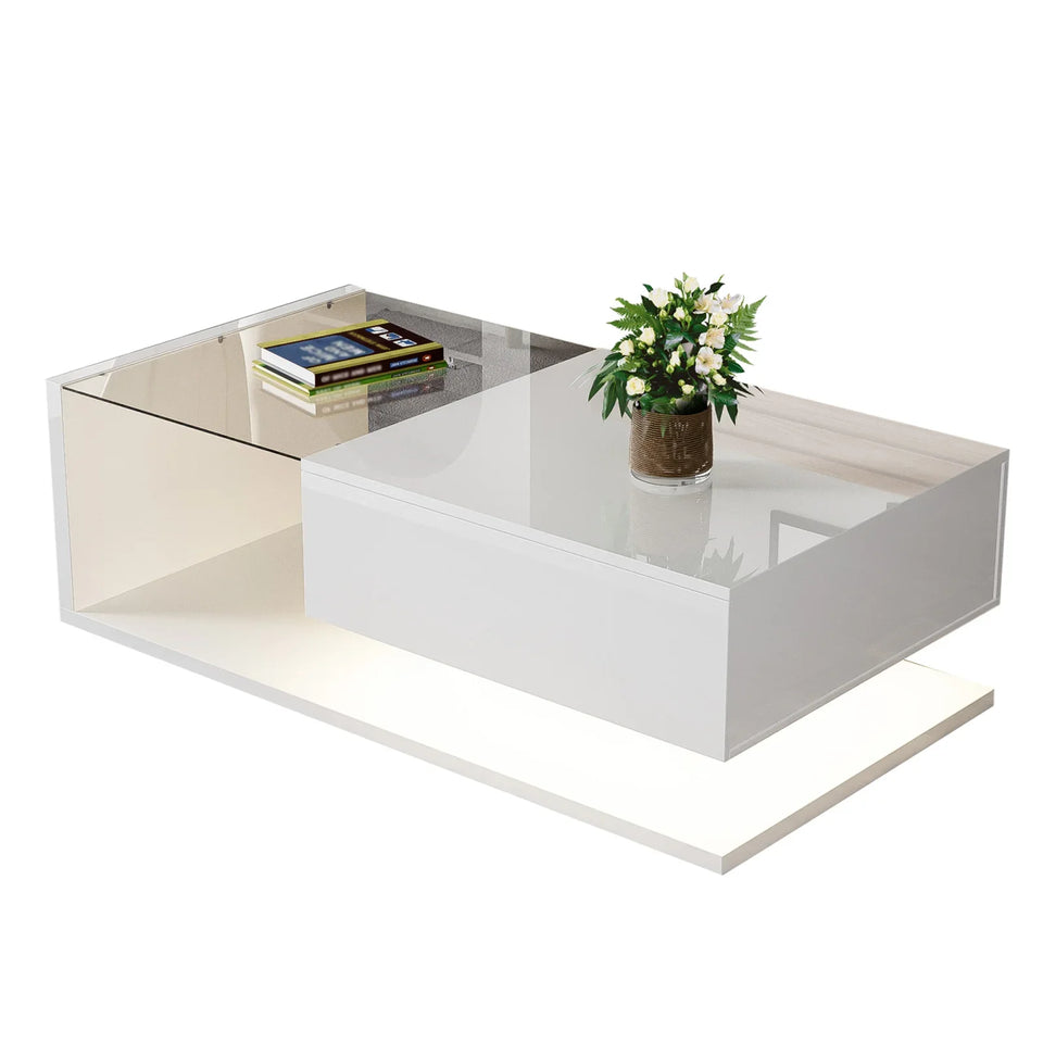 Rosahqnda coffee table side tables coffee table tables with glass and LED effect, high gloss white
