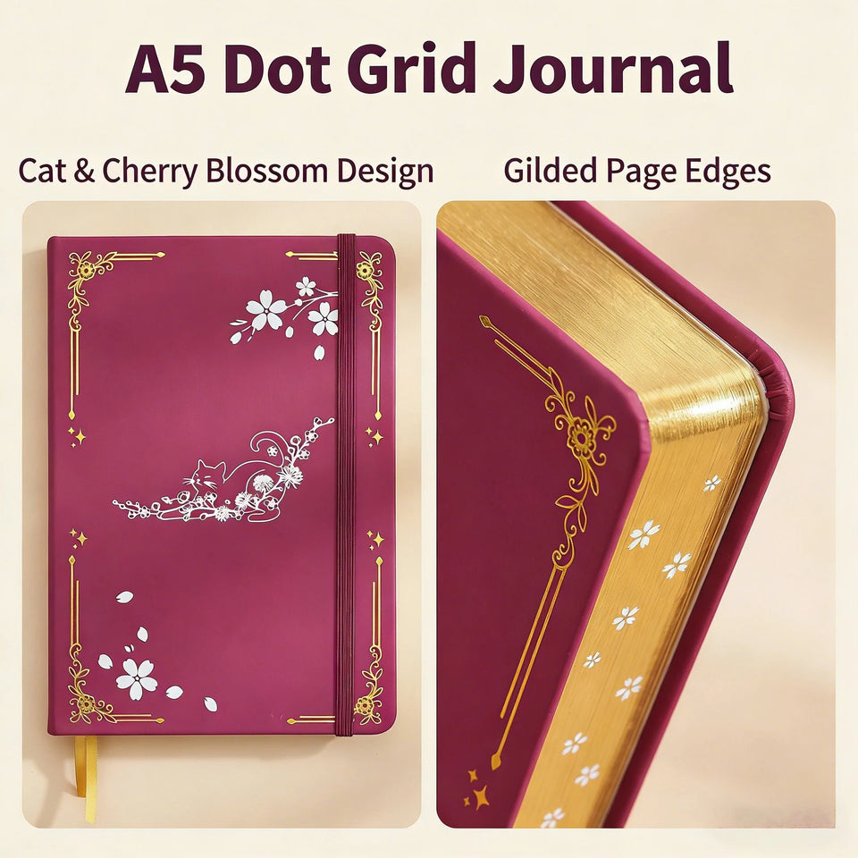 Cat & Cherry Blossom A5 Dot Grid Journal, 160gsm Thick Paper Hardcover Notebook, PU Leather Cover, Gilded Page Edges
