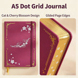 Cat & Cherry Blossom A5 Dot Grid Journal, 160gsm Thick Paper Hardcover Notebook, PU Leather Cover, Gilded Page Edges