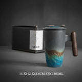 Luxury Retro Tea Cup Ceramic Mug Large Capacity Office Filter Black Water Cup with Cover Mugs Wooden Handle Cups Gift Ideas Box