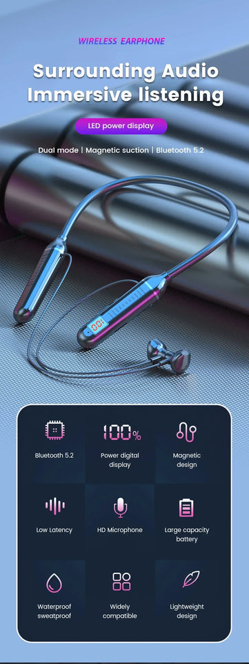 VIKEFON Wireless Earphones 5.3 Neckband Headphones Gaming LED Display Stereo Sports Headset Halter Waterproof Magnetic Earbuds