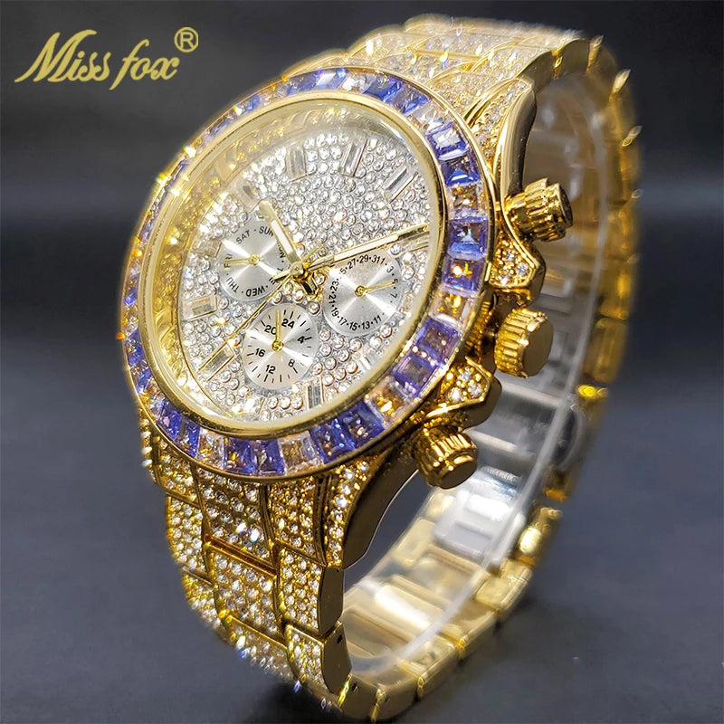 MISSFOX Men Watches 2021 Luxury Large Case With Baguette Full Diamond Quartz Wristwatch Chronograph Calendar Watch Droshipping