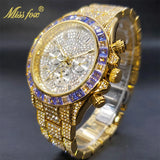 MISSFOX Men Watches 2021 Luxury Large Case With Baguette Full Diamond Quartz Wristwatch Chronograph Calendar Watch Droshipping