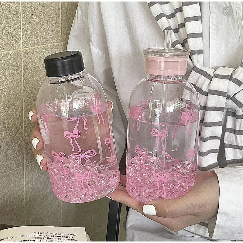 Kawaii Water Bottle Aesthetic Tumbler For Ice Coffee Juice Tea Cute Bowknot Plastic Cups With Straw Lid Portable Drinking Bottle