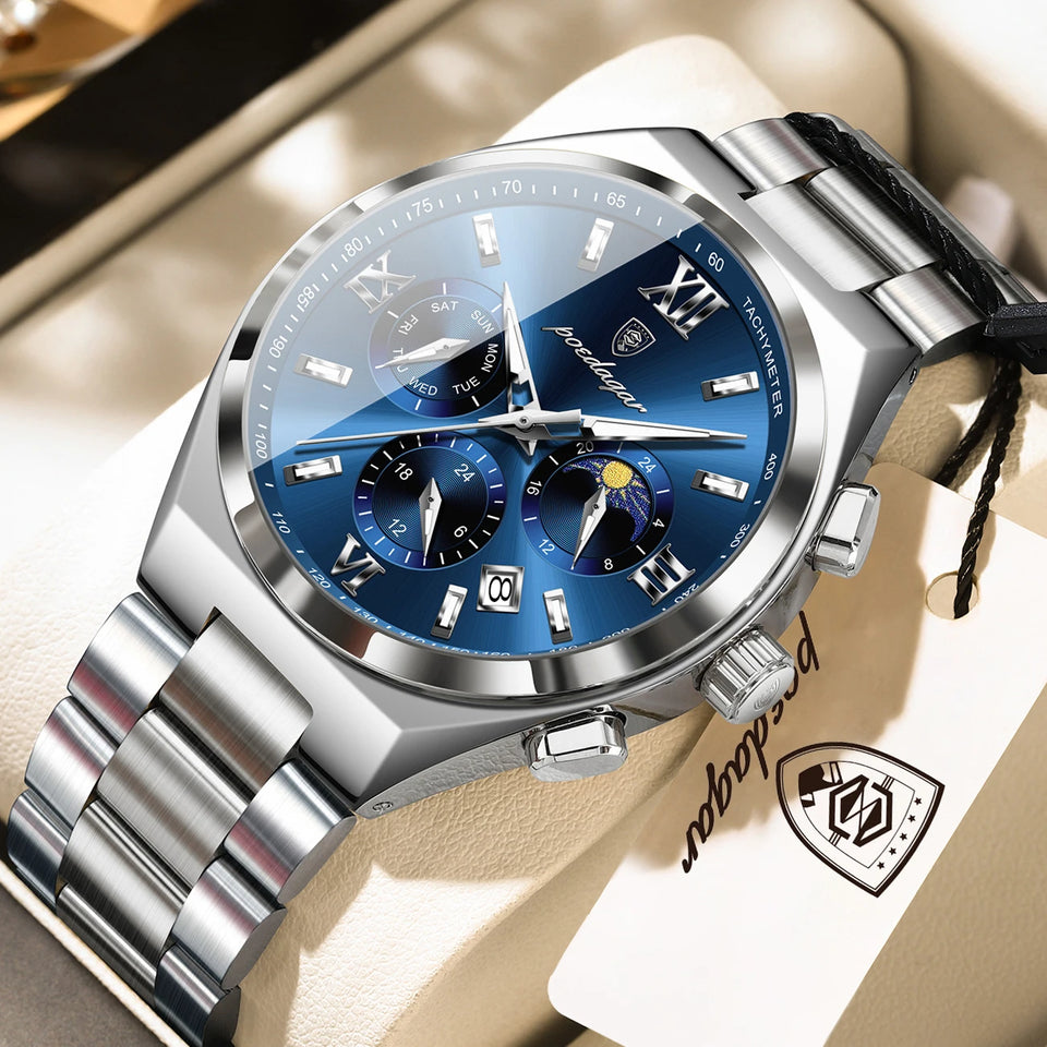 POEDAGAR Fashion Functional Man Wristwatch Luminous Week Date Business Watch For Men Stainless Steel Sports Men's Quartz Watches