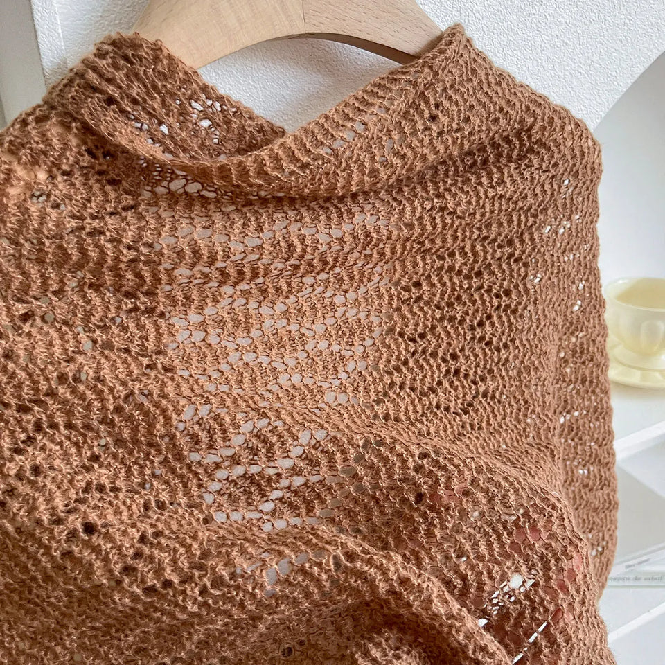 Korean Hollow Out Knitted Shawl Summer Air Conditioning Fake Collar Neck Guard Knit Thin Knotted Cape Shoulder Scarf For Women