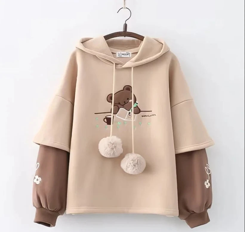 Harajuku Funny Women Hoodies 100% Cotton Winter Plus Fleece Cute Pink Anime Sweatshirt Teen Girl Kawaii Long Sleeve Y2K Hoodie