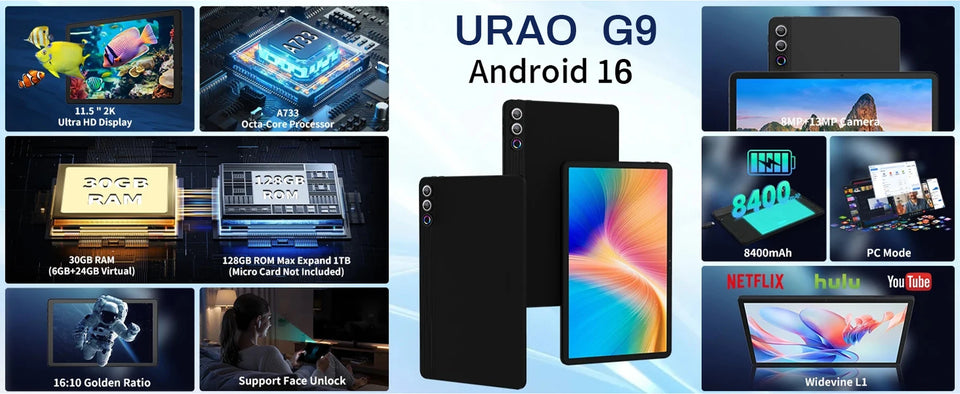 URAO G9L 11.5 inch Tablet Android 15 30GB+128GB+1TB Expand 8400mAh 2K 1200x2000 HD IPS Screen WiFi 6 Dual Camera Widevine L1 GMS