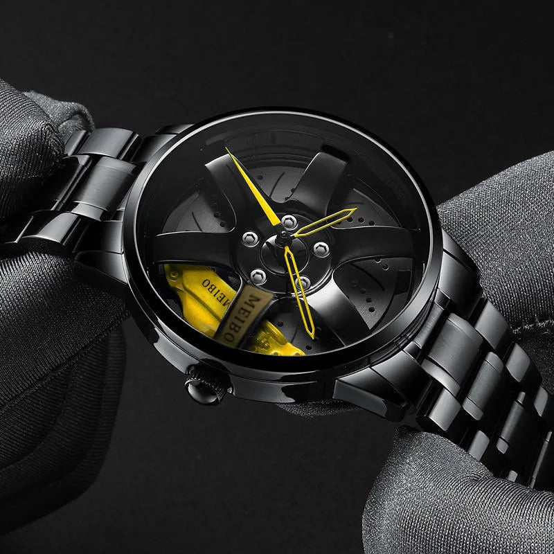 New Top Men Stainless Steel Watches Mens Car Wheel Hub Leather Quartz Watch For Male Military Sport Watch Relogio Masculino Hot
