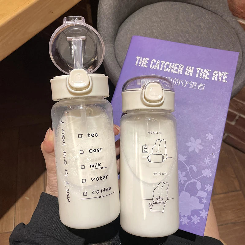 Cartoon Water Bottle With Straw Cute Plastic Drinking Bottle Portable Leak-proof Drinkware For Drinking Milk Coffee Tea