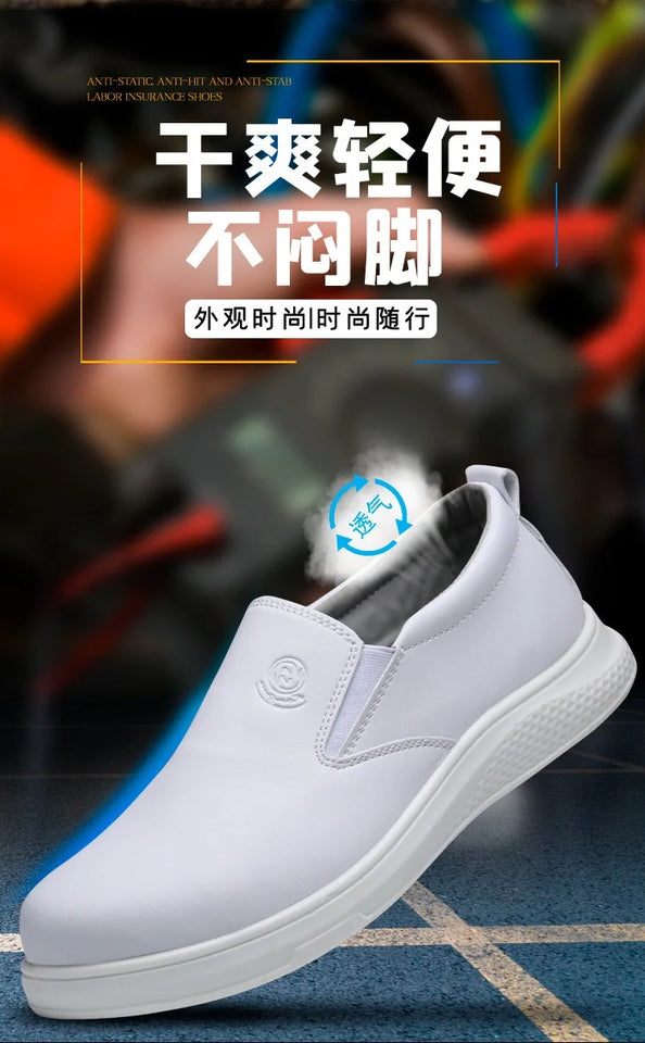 New microfiber leather PU sole anti-static white protective anti-smash anti-puncture safety shoes breathable non-slip work shoes