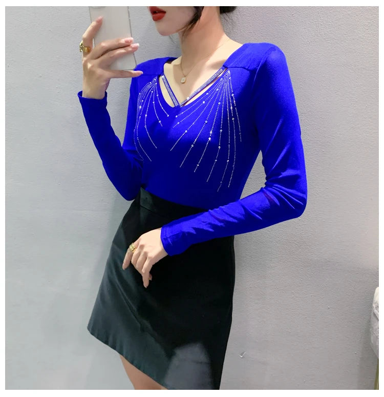 Autumn New Women Mesh Tops Fashion Hollow Out V-Neck Long-Sleeved T-Shirt Classic Shiny Diamonds Bottoming Shirt Elasticity Tees