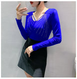 Autumn New Women Mesh Tops Fashion Hollow Out V-Neck Long-Sleeved T-Shirt Classic Shiny Diamonds Bottoming Shirt Elasticity Tees