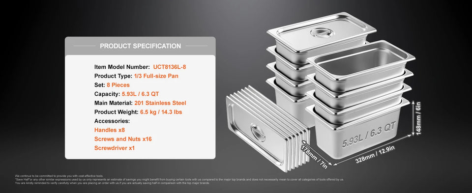 SucceBuy 8 Pack Buffet Chafing Dishes 5.93L Gastronorm Pans Steam Table Pans Tray  with Lid 6-Inch Deep Catering Food Pan
