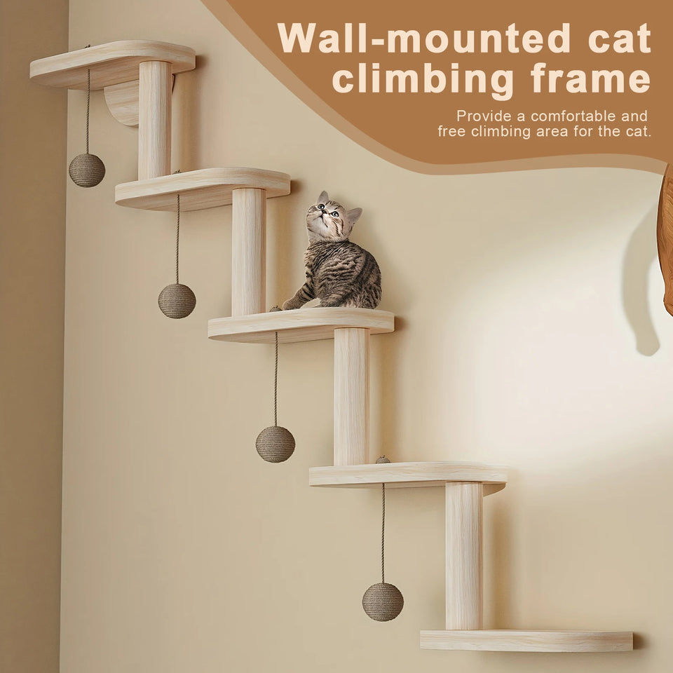5 Step Wooden Cat Climbing Frame Wall Mounted DIY Cat Ladder Climbing Shelf Wall Steps Shelve for Sleeping Playing Cat Furniture