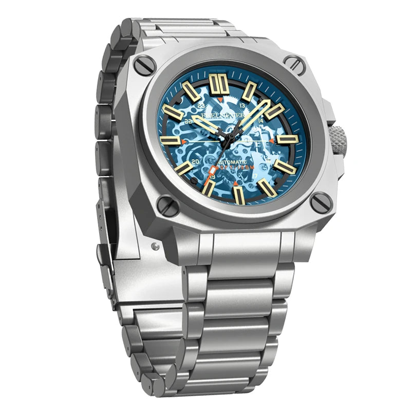FeelNever Creative Automatic Movement Men's Watches Hollow Fashion Casual Sport Military Leather Waterproof Mechanical Watch+Box