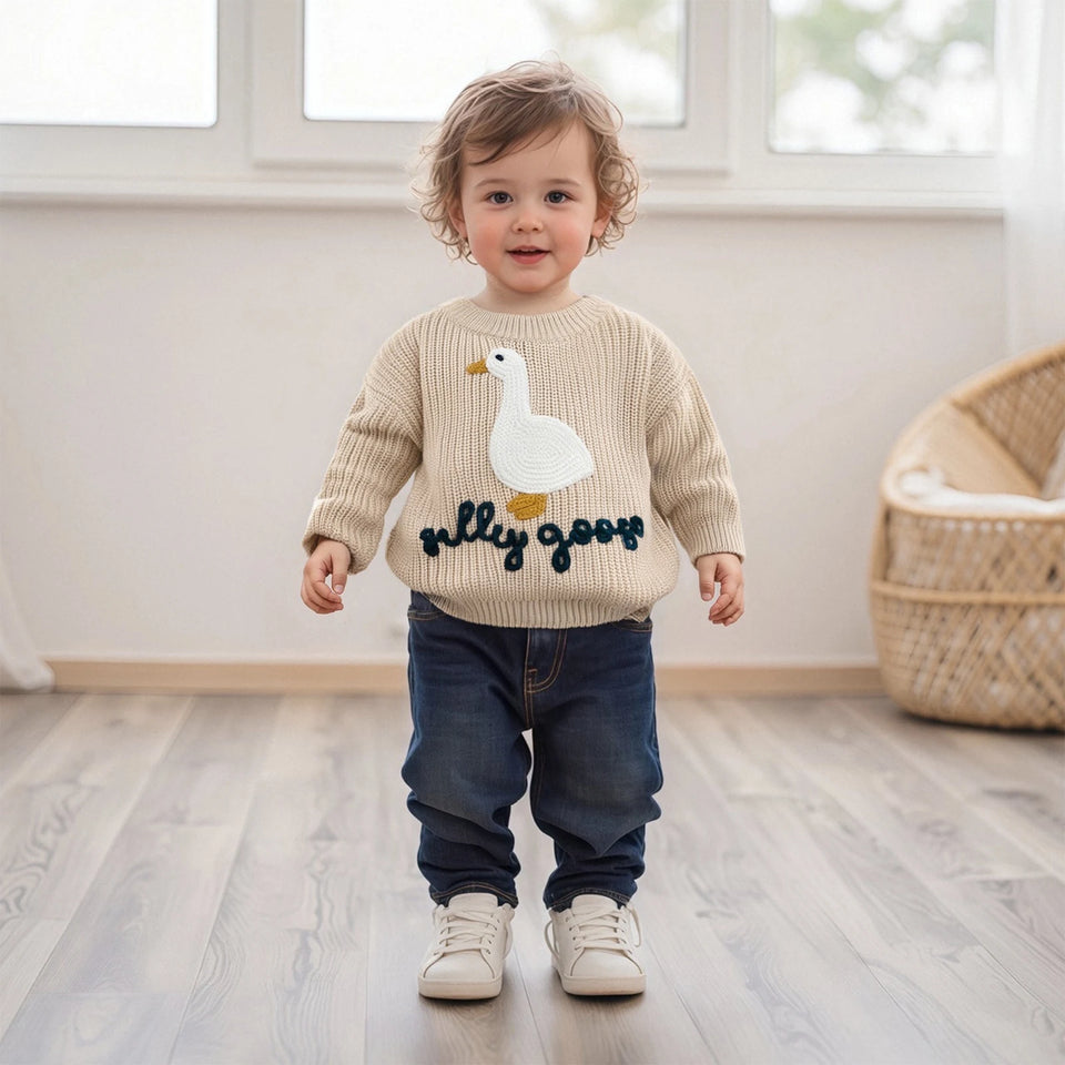 0-3T Toddler Baby Boy Girl Knit Sweater Silly Goose Embroidery Long Sleeve Knitted Sweatshirt Warm Fall Winter Clothes