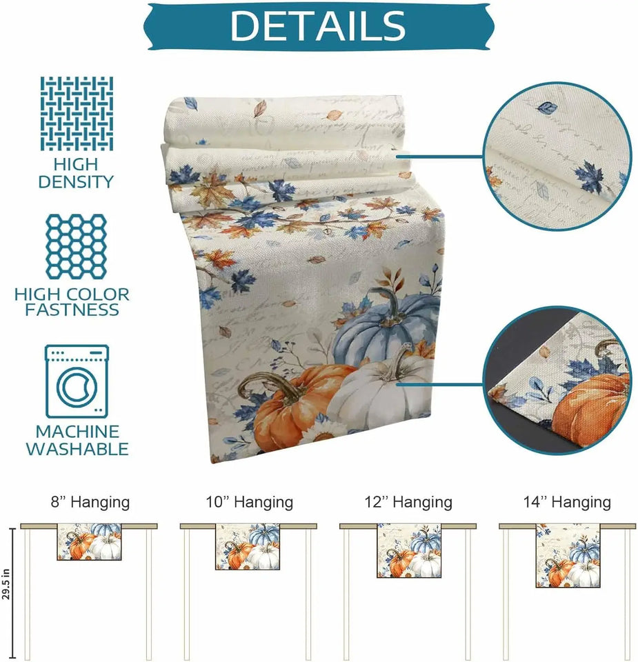 Fall Blue Orange Pumpkins Linen Table Runner Thanksgiving Decoration Autumn Maple Leaf Flowers Printed Table Runners Party Decor