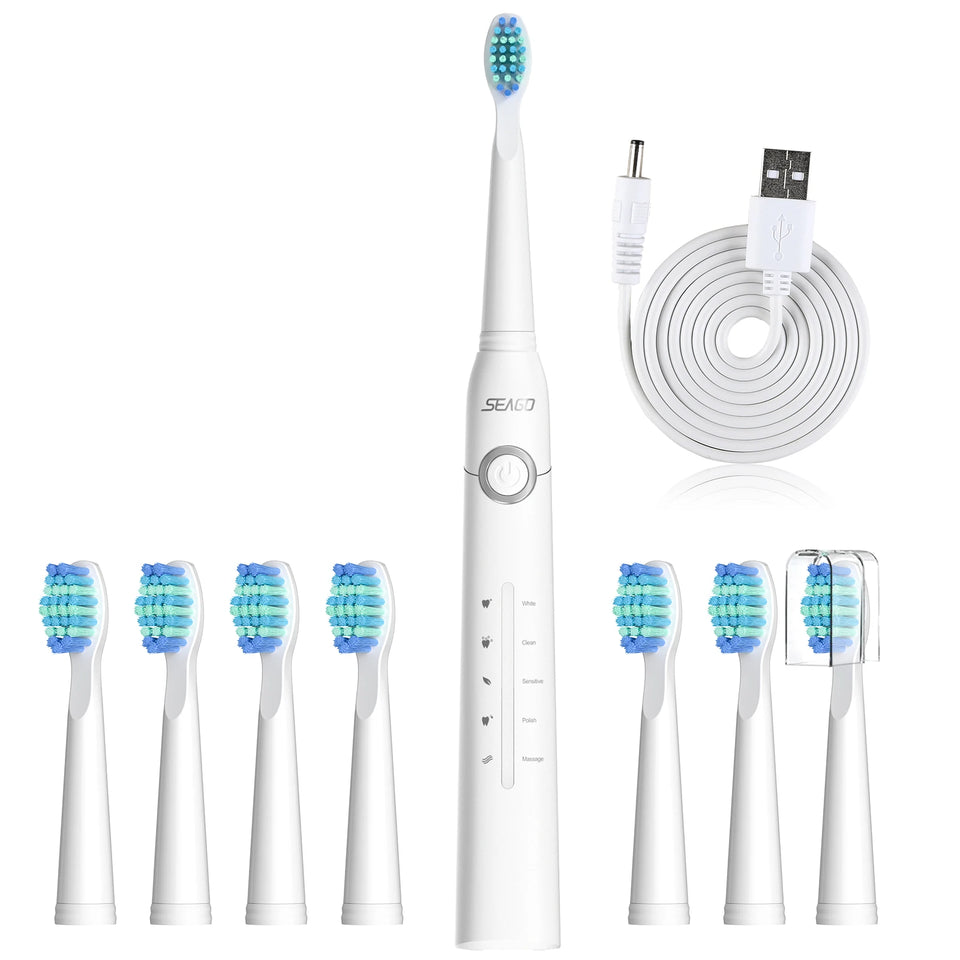Seago Fast Rechargeable Electric Toothbrush  Smart Automatic with 8 Replacement Brush Heads Adult Waterproof 5 Modes SG-958