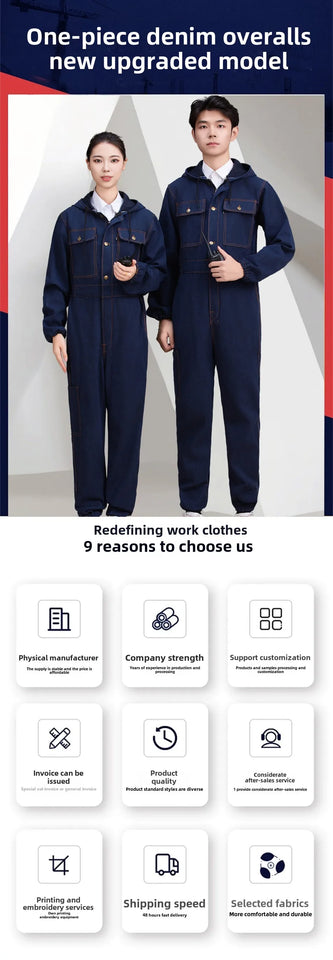 Thickened one-piece denim workwear, wear-resistant labor protection clothing, men's dust-proof auto repair crew clothing, workwe