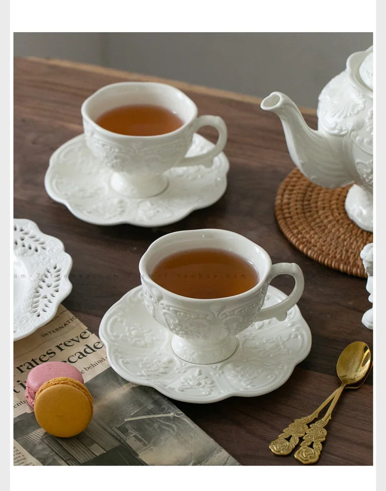 Ceramic European Style Tea Set French Relief Butterfly Flower Palace Pot Black Tea Cup Afternoon Tea Coffee Cup and Plate
