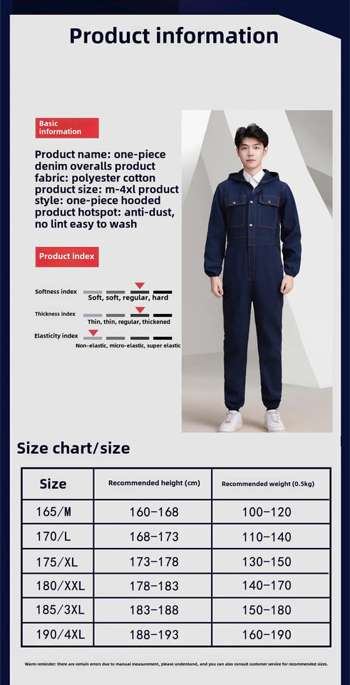 Thickened one-piece denim workwear, wear-resistant labor protection clothing, men's dust-proof auto repair crew clothing, workwe