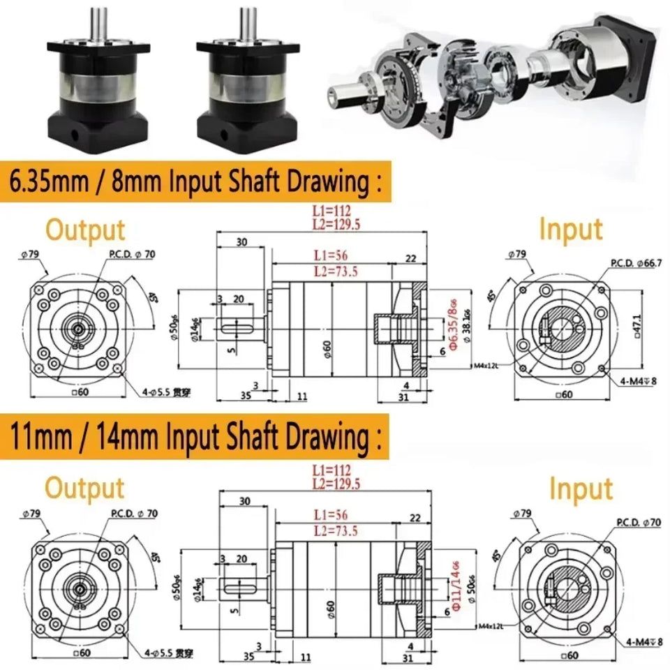 High Precision Planetary Reducer 6.35/8/11/14mm input Ratio 5:1 10:1 for Nema 23 57mm Nema34 86 Stepper 60mm Servo Motor Gearbox