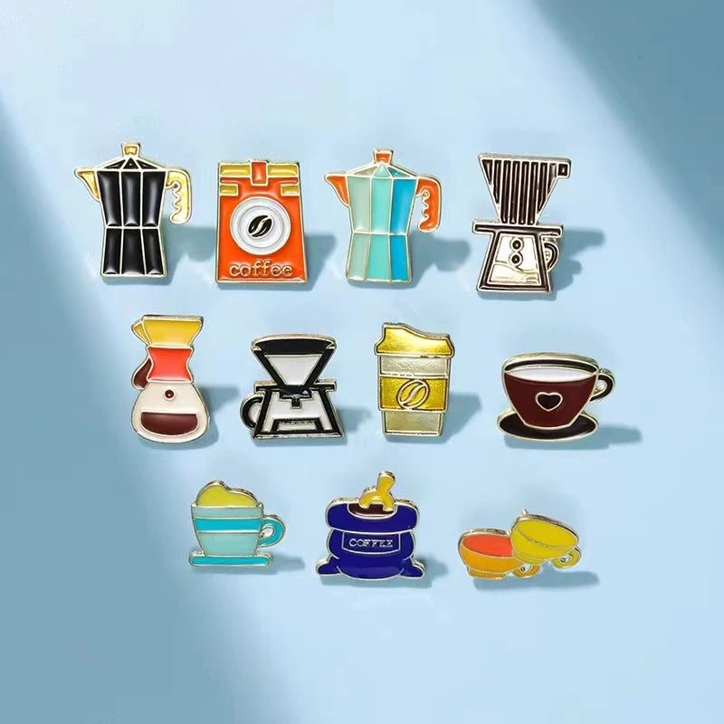 Coffee Moka Pot Mug Beans Enamael Pins Hand-grinded Coffee Lapel Badge Brooch Retro Vintage Cafe Jewelry Gift for Barista Friend