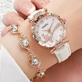 6PCS/Set Fashion Rhinestone Women's Watch Leather Band Analog Quartz Watches Rhinestone Heart Jewelry Set（Without Box）