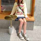 Harajuku Retro Top Strawberry Print Sweatshirt  Women Loose Streetwear Sweatshirts American  Oversized Pullovers