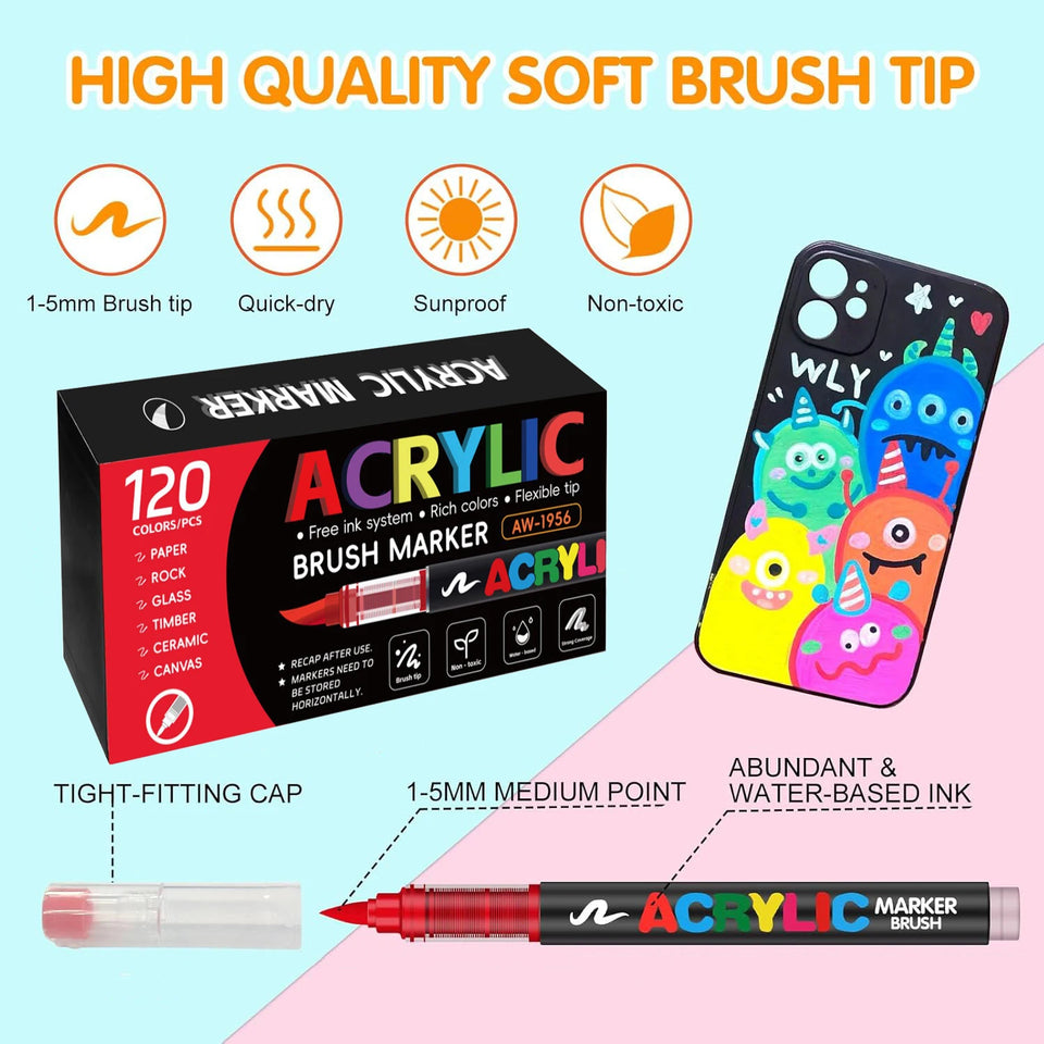 366 Colours Acrylic Markers Flexible Brush Tip Acrylic Paint Marker for Painting Stone Fabric Glass Ceramic Canvas Paper Wood