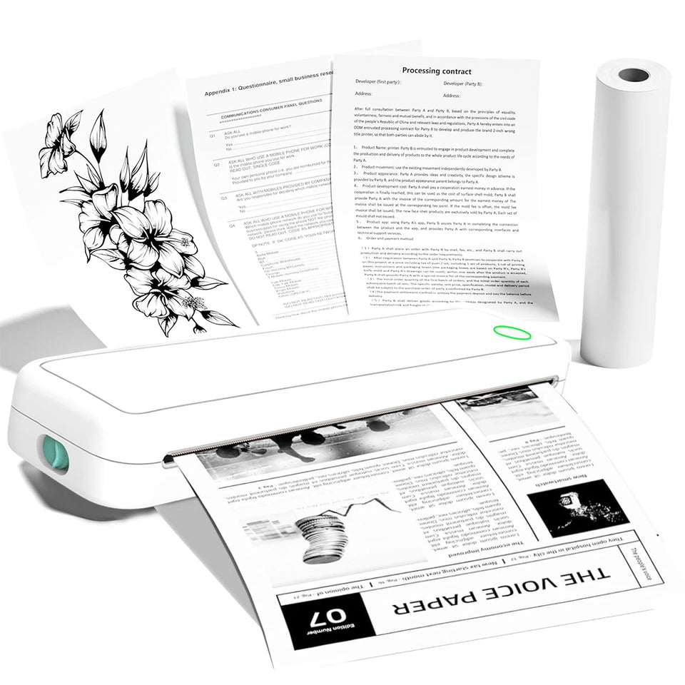 Wireless A4 ink free mini portable thermal printer, suitable for mobile phones and laptops, supports mobile printing