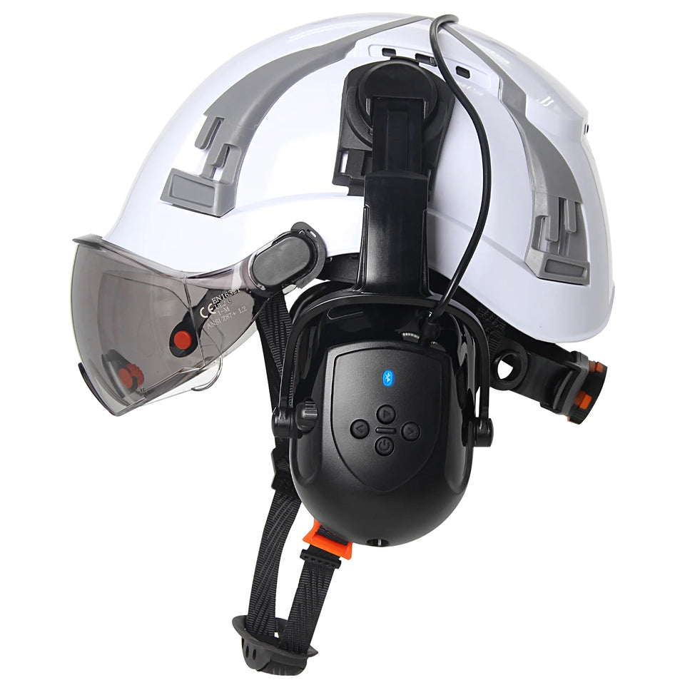 CE Safety Cap w/ 5.0 Bluetooth Earmuffs Reflective Stickers Double Goggles Construction Engineer Helmets ABS Industrial Hard Hat